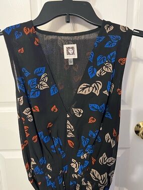 NWOT Anne Klein Black Sleeveless Maxi Dress with Blue, Cream & Red Leaf Print
